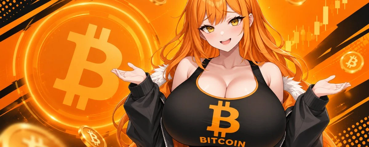 The $BTC character in her orange Bitcoin world